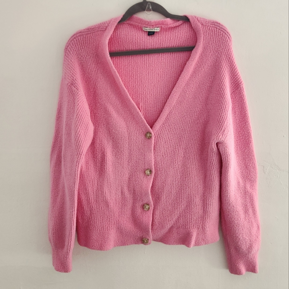 American Eagle V Neck Ribbed Soft Knit Oversized Cardigan Sweater Pink XS